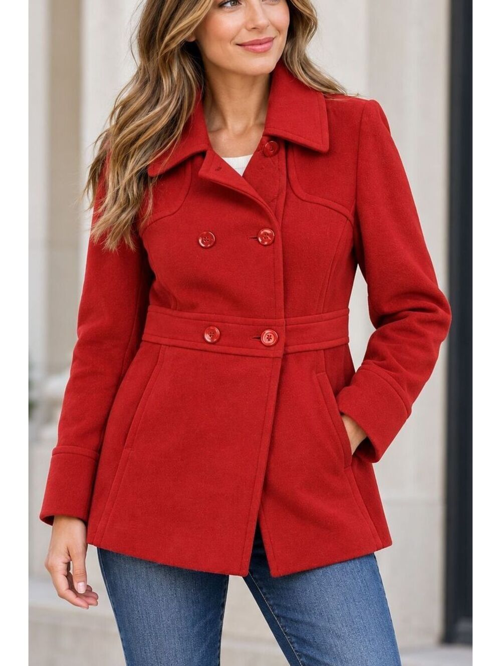 Women's Kenneth Cole Reaction Red Wool Blend Double Breasted Peacoat
